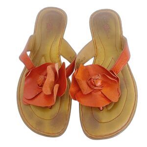 Born Crown Women's Orange Flower Leather Flip Flops Sandals Thongs Size 8